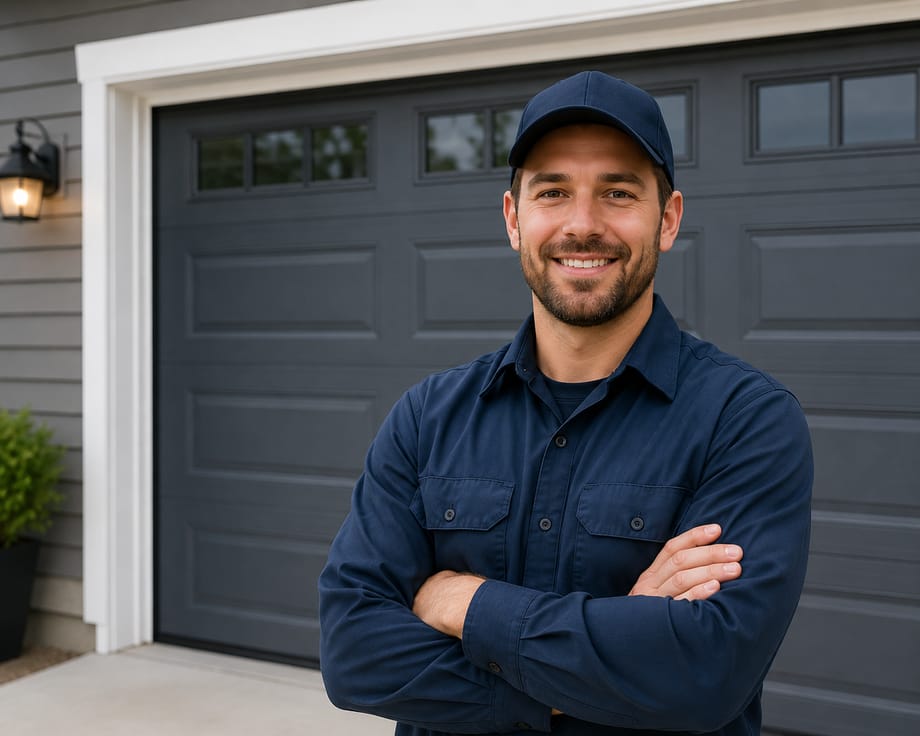 Local garage door repair technician from Leroy the Garage Man, standing in front of a garage door